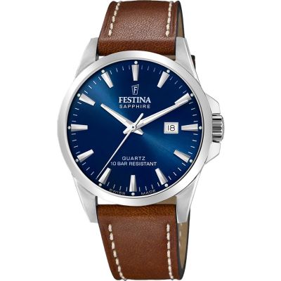 Festina Herren-Uhr Swiss Made Blau Analog Quarz Leder-Armband F20025/3