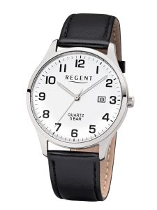 Regent Herren-Uhr Analog Quarz Leder-Armband Schwarz Silber-Ton F-1241